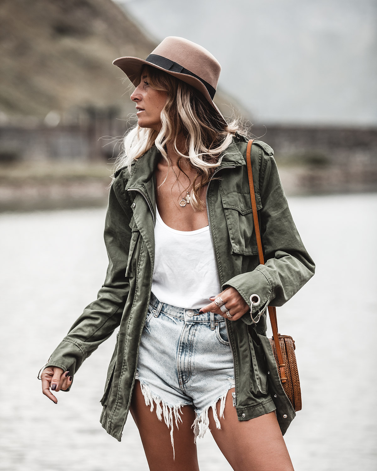 military jacket jeans shorts outfit